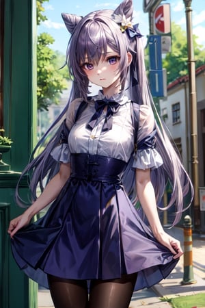 masterpiece, detailed, long hair, (slim body), out doors, (virgin killer outfit, high-waist skirt, pantyhose), (keqingrnd)