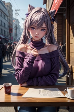 (masterpiece, best quality, ultra-detailed, 8K), 1girl, keqingrnd, purple sweater, off shoulder, public,