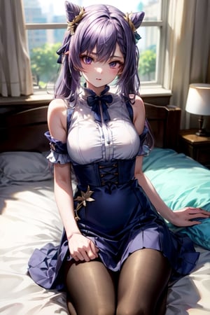 masterpiece, detailed, long hair, (slim body), bed, (virgin killer outfit, high-waist skirt, pantyhose), (keqingrnd)