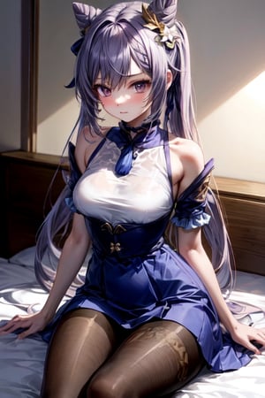 masterpiece, detailed, long hair, (slim body), bed, virgin killer outfit, high-waist skirt, keqingrnd