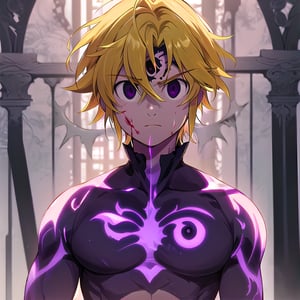 solo, male, depth of field, ((masterpiece, best quality)), demon, evil, The left part of the body is made of purple energy, purple aura, meliodas_nanatsu_no_taizai,blonde hair, empty eyes, fantasy world in background, meliodas in demon form, Blood coming from his mouth, Purple tattoo on his forehead, black eyes