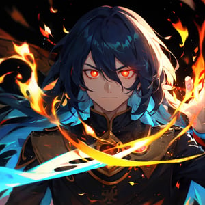 solo, male, upper body, male focus, glowing, glowing eyes, volumetrics dtx,film grain, bokeh, depth of field, motion blur, ((masterpiece, best quality)), dark background, demon, thick blue hair, arrogant smile, demon,red motion flaming eye,blue FIRE, The Emperor of Magic,flaming eye, manly, evil
