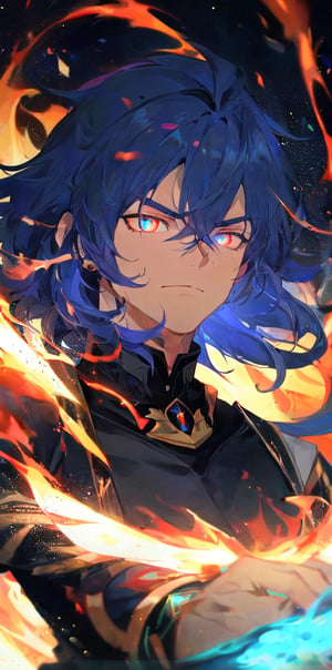 solo, male, upper body, male focus, glowing, glowing eyes, volumetrics dtx,film grain, bokeh, depth of field, motion blur, ((masterpiece, best quality)), dark background, demon, thick blue hair, arrogant smile, demon,blue motion flaming eye,blue FIRE, The Emperor of Magic,flaming eye, manly