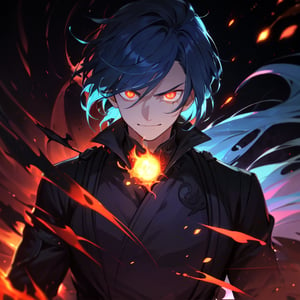 solo, male, upper body, male focus, glowing, glowing eyes, volumetrics dtx,film grain, bokeh, depth of field, motion blur, ((masterpiece, best quality)), dark background, demon, thick blue hair, arrogant smile, demon,red motion flaming eye,blue FIRE, The Emperor of Magic,flaming eye, manly, evil