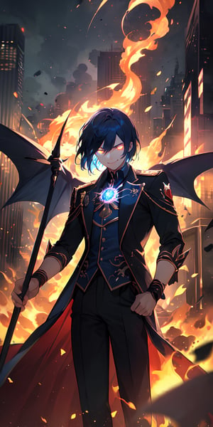 solo, male, male focus, glowing, glowing eyes, volumetrics dtx,film grain, bokeh, depth of field, ((masterpiece, best quality)), destroyed city in background, demon, thick blue hair, arrogant smile, demon,red motion flaming eye,blue FIRE, The Emperor of Magic,flaming eye, manly, evil, full_body