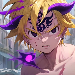 solo, male, depth of field, ((masterpiece, best quality)), demon, evil, The left part of the body is made of purple energy, purple aura, meliodas_nanatsu_no_taizai,blonde hair, empty eyes, fantasy world in background, meliodas in demon form, Blood coming from his mouth, Purple tattoo on his forehead, black eyes, dead eyes, Cold feelings 