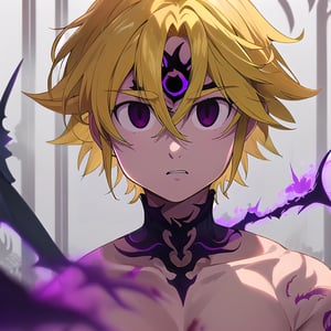 solo, male, depth of field, ((masterpiece, best quality)), demon, evil, The left part of the body is made of purple energy, purple aura, meliodas_nanatsu_no_taizai,blonde hair, empty eyes, fantasy world in background, meliodas in demon form, Blood coming from his mouth, Purple tattoo on his forehead, black eyes, dead eyes, Cold feelings, maou