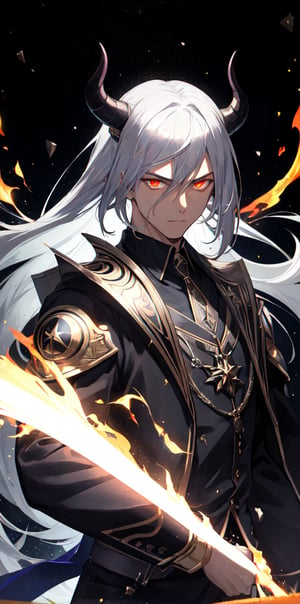 solo, male, upper body, male focus, glowing, glowing eyes, volumetrics dtx,film grain, bokeh, depth of field, motion blur, ((masterpiece, best quality)), dark background, demon, thick silver hair, arrogant smile, demon,silver motion flaming eye,silver FIRE, The Emperor of Magic,flaming eye, manly