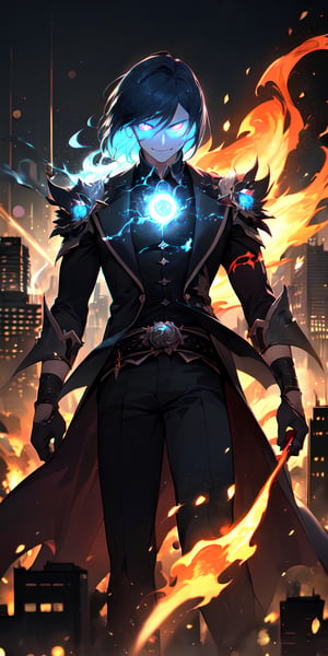 solo, male, male focus, glowing, glowing eyes, volumetrics dtx,film grain, bokeh, depth of field, ((masterpiece, best quality)), destroyed city in background, demon, thick blue hair, arrogant smile, demon,red motion flaming eye,blue FIRE, The Emperor of Magic,flaming eye, manly, evil, full_body