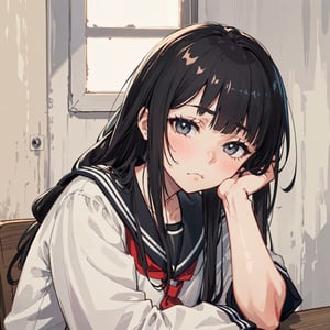 1girl, :/, arm rest, bags under eyes, black hair, blunt bangs, closed mouth, empty eyes, frown, grey eyes, grey hair, hair over eyes, hair over shoulder, head on hand, head tilt, hunched over, japanese clothes, leaning forward, long hair, looking at viewer, looking up, messy hair, neckerchief, sad, sailor collar, school uniform, serafuku, shirt, sidelocks, sitting, solo, table, upper body, upturned eyes, very long hair, (seductive:1.2), (sexy:1.2), (beautiful:1.2), (attractive:1.2), ((hyper super ultra detailed perfect piece)), (perfect details:1.1), (masterpiece, 4k ,ultra detailed:1.2), (anime:1.2), (illustration:1.1), ((high resolution)), (Highest Quality), Amazing Details:1.25), (Raytracing:1.2), Bloom, Volumetric Lighting, Best Shadows, high resolution, 8k_wallpaper, dynamic light, cinematic light, eyebag, best quality, masterpiece, ultra detailed