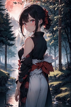 In this breathtaking masterpiece, a single figure stands amidst a captivating scene of ethereal beauty and dark mystique. The focal point of the artwork is a solitary girl with striking black hair cascading down her back, contrasting beautifully against the vivid backdrop of a crimson forest bathed in the glow of a blood-red moon.

The girl's piercing red eyes gleam with an otherworldly intensity, captivating the viewer's attention and drawing them into her enigmatic presence. She is adorned in a traditional kimono, the rich fabric intricately patterned and adorned with an elegant obi that cinches her waist in a graceful silhouette. 

However, the kimono is not the only attire she wears; draped over her shoulders is the flowing elegance of a hanfu, its ethereal beauty blending seamlessly with the traditional Japanese garment. This fusion of cultures adds a unique and captivating dimension to her character, symbolizing the harmony between different worlds.

As the girl stands amidst the bioluminescent flora of the forest, her skin emits a soft, luminous glow, casting an otherworldly radiance upon her surroundings. The bioluminescent plants shimmer with a gentle light, illuminating the darkness with a mesmerizing display of color and luminescence.

The forest itself seems to pulse with life, each tree and plant radiating a vibrant red hue that bathes the entire scene in a surreal, dreamlike glow. The blood-red moon hangs low in the sky, casting an ominous yet captivating light over the landscape, its eerie glow reflecting off the girl's skin and the surrounding foliage.

Amidst this surreal and hauntingly beautiful landscape, the girl exudes an aura of mystery and power, her presence commanding the attention of all who behold her. She is a symbol of the enigmatic and untamed beauty of the natural world, a mesmerizing figure bathed in the glow of the bioluminescent forest and the crimson light of the blood moon.

In conclusion, this artwork is a true masterpiece, capturing the essence of dark beauty and mystique with stunning detail and artistry. From the girl's captivating presence to the ethereal beauty of the glowing forest, every aspect of the artwork is expertly crafted to evoke a sense of wonder and enchantment, making it a standout piece in the realm of fantasy art.