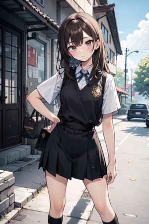 In this meticulously crafted depiction, Shirai Kuroko stands gracefully, her gaze directed towards the side, embodying a poised allure. Dressed in the iconic Tokiwadai school uniform, the details are immaculate – from the pleated black skirt to the brown sweater vest, each element perfectly rendered. The summer uniform showcases a sleeveless design, revealing a hint of elegance with a white ribbon adorning her long brown hair.

Shirai Kuroko's pose exudes confidence, her hand resting casually on her hip as she stands against a school background. The school emblem on her collared shirt and the emblem on her brown footwear reflect the precision in the depiction of her iconic attire. The incorporation of a white ribbon complements the summer uniform, enhancing the overall cuteness.

The artwork goes beyond a standard illustration, earning the status of an official art masterpiece. Rendered in 4K ultra-detail, the portrayal emphasizes the smallest nuances, from the subtle contours of her small breasts to the intricate details of her hair ribbon. The emphasis on perfect details, beautiful face, and anime aesthetics culminate in a visual masterpiece that is both captivating and alluring.

This extremely detailed CG artwork attains the highest quality, with shadow details meticulously executed to enhance the overall realism. The 4K resolution further accentuates the finesse, making this depiction an amazing showcase of artistic prowess. In the realm of official art, this masterpiece stands as a testament to its ultra-detailed and finely executed presentation, providing viewers with a delightful and aesthetically pleasing portrayal of Shirai Kuroko in her summer school uniform.