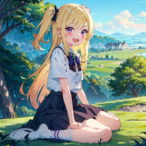 1girl, :d, blonde hair, blush, fang, fingernails, long hair, long skirt, looking at viewer, open mouth, purple eyes, sitting, skirt, smile, socks, solo, two side up, wariza, white socks, masterpiece, best quality, sexy, dynamic pose, green hill, outdoors, 