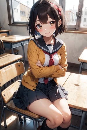 1girl,  arm rest,  black legwear,  blue sailor collar,  blue skirt,  bob cut,  brown eyes,  brown footwear,  brown hair,  school classroom scenery,  solo,  smilling,  seductive smile,  chair,  closed mouth,  clothing,  crossed arms,  crossed legs,  desk,  female,  footwear,  green jacket,  hairband,  hair ornament,  hair ribbon,  Kita High School uniform,  kneehighs,  legwear,  loafers,  long sleeves,  looking at viewer,  medium hair,  necktie,  open clothes,  red necktie,  red neckwear,  red ribbon,  ribbon,  sailor collar,  school chair,  school desk,  school uniform,  serafuku,  shoes,  short hair,  sitting,  skirt,  slip-on shoes,  smile,  socks,  sweatdrop,  uniform,  yellow hairband,  (seductive:1.2),  (sexy:1.2),  (beautiful:1.2),  (attractive:1.2), 