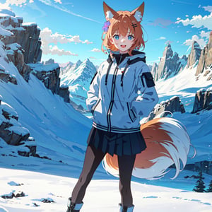 1girl, solo, animal ears, tail, outdoors, boots, fox ears, fox tail, pantyhose, skirt, hair ornament, day, looking at viewer, hands in pockets, mountain, sky, animal ear fluff, hair flower, fox girl, orange hair, flower, open mouth, smile, snow, black pantyhose, pleated skirt, blue sky, masterpiece, best quality, ultra detailed, (seductive:1.2), (sexy:1.2), (beautiful:1.2), (attractive:1.2), ((hyper super ultra detailed perfect piece)), (perfect details:1.1), (masterpiece, 4k ,ultra detailed:1.2), (anime:1.2), (illustration:1.1), ((high resolution)), (Highest Quality), Amazing Details:1.25), (Raytracing:1.2), Bloom, Volumetric Lighting, Best Shadows, high resolution, 8k_wallpaper, dynamic light, cinematic light, epic, dramatic