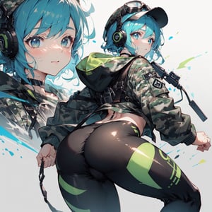 green hair, cosplay, alternate costume, 1girl, ass, black choker, camouflage, camouflage jacket, choker, goggles on headwear, grey background, grey headwear, grey jacket, cap, miltary headphones, hood, hooded jacket, jacket, leggings, navel, patreon username, short hair, simple background, stomach, two-tone background, white background, best quality, masterpiece, ultra detailed, huge ass, sexy, (seductive:1.2), (sexy:1.2), (beautiful:1.2), (attractive:1.2), ((hyper super ultra detailed perfect piece)), (perfect details:1.1), (masterpiece, 4k ,ultra detailed:1.2), (anime:1.2), (illustration:1.1), ((high resolution)), (Highest Quality), Amazing Details:1.25), (Raytracing:1.2), Bloom, Volumetric Lighting, Best Shadows, high resolution, 8k_wallpaper, dynamic light, cinematic light, ass focus, huge ass, large ass
,nj5furry