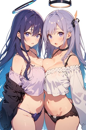 All intricate and best details: 2girls, asymmetrical docking, black panties, breast press, breasts, closed mouth, collarbone, grey hair, halo, large breasts, long hair, multiple girls, navel, off shoulder, open mouth, panties, purple eyes, purple hair, shirt, two side up, underwear, very long hair, white background, white shirt. masterpiece, best quality"