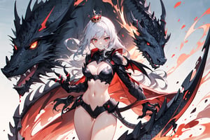 a semi-dragon woman, with black dragon horns as if it were a crown, wings black as the night firmament, a dragon's tail that ends in a diamond tip, with claws and legs covered in black and thick scales, with a bloodthirsty look, long white hair with several locks of crimson hair, with amber dragon eyes, MEDIUM breast, NETHER BACKGROUND,   (seductive:1.2),  (sexy:1.2),  (beautiful:1.2),  (attractive:1.2),  ((hyper super ultra detailed perfect piece)),  (perfect details:1.1),  (masterpiece,  4k,  ultra detailed:1.2),  (anime:1.2),  (illustration:1.1),  ((high resolution)),  (Highest Quality),  Amazing Details:1.25),  (Raytracing:1.2),  Bloom,  Volumetric Lighting,  Best Shadows,  high resolution,  8k_wallpaper,  dynamic light,  cinematic light,  (((masterpiece))),  (((best quality))),  ((ultra-detailed)),  (illustration),  (detailed light)