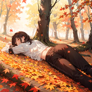 (laying, solo focus, autumn, fall, falling leaves, orange leaves, yellow leaves, brown leaves, forest, daytime, godrays), masterpiece, best quality, ultra detailed