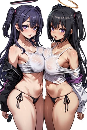 All intricate and best details: 2girls, asymmetrical docking, black panties, breast press, breasts, closed mouth, collarbone, grey hair, halo, large breasts, long hair, multiple girls, navel, off shoulder, open mouth, panties, purple eyes, purple hair, shirt, two side up, underwear, very long hair, white background, white shirt. masterpiece, best quality"