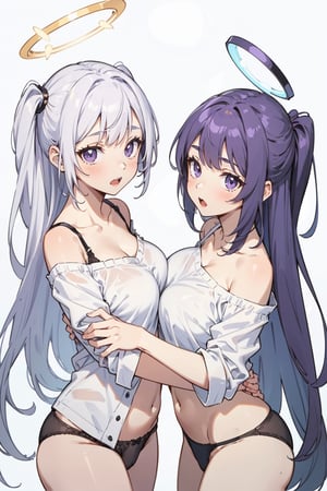 All intricate and best details: 2girls, asymmetrical docking, black panties, breast press, breasts, closed mouth, collarbone, grey hair, halo, large breasts, long hair, multiple girls, navel, off shoulder, open mouth, panties, purple eyes, purple hair, shirt, two side up, underwear, very long hair, white background, white shirt. masterpiece, best quality"