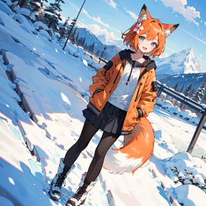1girl, solo, animal ears, tail, outdoors, boots, fox ears, fox tail, pantyhose, skirt, hair ornament, day, looking at viewer, hands in pockets, mountain, sky, animal ear fluff, hair flower, fox girl, orange hair, flower, open mouth, smile, snow, black pantyhose, pleated skirt, blue sky, masterpiece, best quality, ultra detailed, (seductive:1.2), (sexy:1.2), (beautiful:1.2), (attractive:1.2), ((hyper super ultra detailed perfect piece)), (perfect details:1.1), (masterpiece, 4k ,ultra detailed:1.2), (anime:1.2), (illustration:1.1), ((high resolution)), (Highest Quality), Amazing Details:1.25), (Raytracing:1.2), Bloom, Volumetric Lighting, Best Shadows, high resolution, 8k_wallpaper, dynamic light, cinematic light