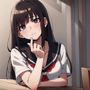 1girl, :/, arm rest, bags under eyes, black hair, blunt bangs, closed mouth, empty eyes, frown, grey background, grey eyes, grey hair, hair over eyes, hair over shoulder, head on hand, head tilt, hunched over, japanese clothes, leaning forward, long hair, looking at viewer, looking up, messy hair, neckerchief, sad, sailor collar, school uniform, serafuku, shirt, sidelocks, sitting, solo, table, upper body, upturned eyes, very long hair, masterpiece, best quality, ultra detailed, (seductive:1.2), (sexy:1.2), (beautiful:1.2), (attractive:1.2), ((hyper super ultra detailed perfect piece)), (perfect details:1.1), (masterpiece, 4k ,ultra detailed:1.2), (anime:1.2), (illustration:1.1), ((high resolution)), (Highest Quality), Amazing Details:1.25), (Raytracing:1.2), Bloom, Volumetric Lighting, Best Shadows, high resolution, 8k_wallpaper, dynamic light, cinematic light, (((masterpiece))), (((best quality))), ((ultra-detailed)), (illustration), (detailed light)