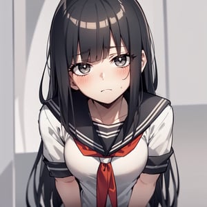 1girl, :/, arm rest, bags under eyes, black hair, blunt bangs, closed mouth, empty eyes, frown, grey background, grey eyes, grey hair, hair over eyes, hair over shoulder, head on hand, head tilt, hunched over, japanese clothes, leaning forward, long hair, looking at viewer, looking up, messy hair, neckerchief, sad, sailor collar, school uniform, serafuku, shirt, sidelocks, sitting, solo, table, upper body, upturned eyes, very long hair, masterpiece, best quality, ultra detailed