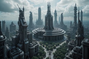 A vast, futuristic cityscape sprawls across the horizon under a cloudy, atmospheric sky. The architecture blends sleek, towering skyscrapers with ancient, monumental structures, giving the scene a mix of both advanced technology and old-world grandeur. At the center is a colossal circular building, resembling an arena or government structure, surrounded by intricate, multi-tiered towers and wide roads. The city is crisscrossed with canals and lush green spaces, giving the impression of a harmonious blend of nature and urban life. The lighting is soft, creating a slightly overcast atmosphere with shadows falling across the city's massive structures, evoking a sense of both awe and mystery. The scene feels like a futuristic utopia with traces of ancient civilizations, all rendered in a highly detailed, almost painterly style.