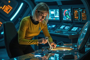 futuristic Star Trek themed ship with one beautiful blonde woman in star trek yellow uniform on the bridge, cinematic, spaceship, tight costume, she holds a futuristic spanner tool in her hand, She is working on an open console hatch. trying to repair it. The background is lit up with blue and orangfe control panels and screens with cinematic lighting.