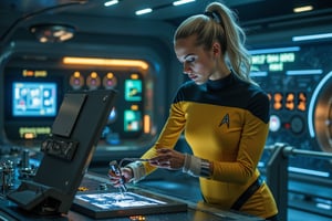 futuristic Star Trek themed ship with one beautiful blonde woman in star trek yellow uniform on the bridge, cinematic, spaceship, tight costume, she holds a futuristic tool in her hand, She is working on an open console hatch. trying to repair it. The background is lit up with blue and orangfe control panels and screens with cinematic lighting.