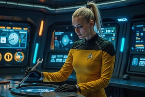 futuristic Star Trek themed ship with one beautiful blonde woman in star trek yellow uniform on the bridge, cinematic, spaceship, tight costume, she holds a futuristic spanner tool in her hand, She is working on an open console hatch. trying to repair it. The background is lit up with blue and orangfe control panels and screens with cinematic lighting.