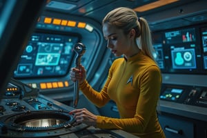 futuristic Star Trek themed ship with one beautiful blonde woman in star trek yellow uniform on the bridge, cinematic, spaceship, tight costume, she holds a spanner tool in her hand, She is working on an open console hatch. trying to repair it. The background is lit up with blue and orangfe control panels and screens with cinematic lighting.