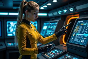 futuristic Star Trek themed ship with one beautiful blonde woman in star trek yellow uniform on the bridge, cinematic, spaceship, tight costume, she holds a futuristic tool in her hand, She is working on an open console hatch. trying to repair it. The background is lit up with blue and orangfe control panels and screens with cinematic lighting.