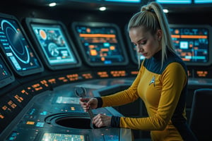 futuristic Star Trek themed ship with one beautiful blonde woman in star trek yellow uniform on the bridge, cinematic, spaceship, tight costume, she holds a spanner tool in her hand, She is working on an open console hatch. trying to repair it. The background is lit up with blue and orangfe control panels and screens with cinematic lighting.