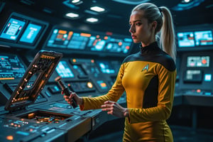 futuristic Star Trek themed ship with one beautiful blonde woman in star trek yellow uniform on the bridge, cinematic, spaceship, tight costume, she holds a futuristic tool in her hand, She is working on an open console hatch. trying to repair it. The background is lit up with blue and orangfe control panels and screens with cinematic lighting.