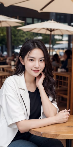 A young girl with long black hair, sitting on an outdoor cafe with an iced coffee on her table, wearing white jacket and long black pants, smiling, slim, slender, petite, sunny, portrait, detailed face, 8K, highres, short sleeve, detailed skin, hairy arm, bangs ,Apriapriliani1