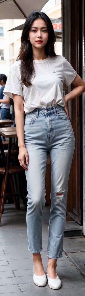 25 years old girl, beautiful face, wearing (cream colored shirt:1.2), happy_face, denim_pants, beautiful medium breasts, straight long hair, detailed hairy arm, (white themed outdoor cafe background),((full body)), standing pose ,photorealistic,REALISTIC, sunray, near window, fashion model, (slender, slim), ((from_below, viewed_from_below)), sunny day, light_blue_eyes