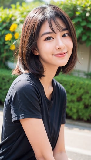 A vibrant, bokeh-filled scene: a 19-year-old Japanese girl with a mole under her eyes and a radiant smile, her bangs framing her face. She walks confidently, her short straight hair fluttering in the breeze as she wears a black shirt with short sleeves. Against the brilliant blue sky, she poses, looking directly at the viewer with an open-mouthed grin, showcasing her detailed skin and hairy arms. The overall atmosphere is carefree and joyful, inviting the viewer to step into her whimsical world.,Indonesiadoll