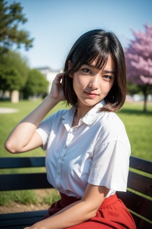 18 years old asian girl , tomboy, thinking about you pose, pretty face, open smile, sitting, girlfriend, stylish, oversized shirt, long skirt, (straight short hair) , hair bangs, blushing,medium chest, slender, bokeh, bench, sakura park, detailed skin texture , hairy arm, ray of light , blue sky, mole_under_eye, alternative_hair_style,raisalora, realistic, masterpiece 