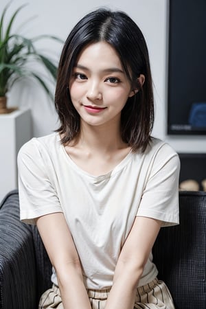 18 years old asian girl, tomboy, thinking about you pose, pretty face, smile, office_lady, long white blouse, short_sleeves, long skirt, (straight short hair), hair bangs, medium chest, slender, bokeh, couch, office situation, detailed skin texture, hairy arm, ray of light, open window, blue sky, mole_under_eye, alternative_hair_style