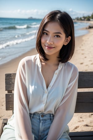 A young Asian girl, 18 years old, with tomboyish charm, sits on a bench on a sunny sand beach outdoor, gazing off-camera as she thinks about you. Her pretty face radiates an open smile, and her straight short hair falls to the side, framing her bangs. She wears a crisp white blouse with long pants, giving off an office-lady vibe. A ray of light illuminates her features, accentuating detailed skin texture and subtle blushing. Her hands rest at her hips, showcasing medium chest and slender hairy arms beneath her sleeves. A mole under her eye adds uniqueness to her lovely face. The breathtaking blue sky behind her serves as a stunning backdrop, while an alternative hairstyle creates an edgy air.