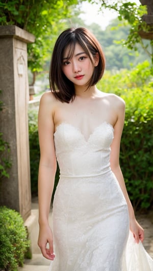 1 tomboy asian girl, bob_cut, solo, detailed face, detailed skin, hairy arms, small size breasts, looking_at_viewer, full body, long white wedding gown, outdoor, romantic