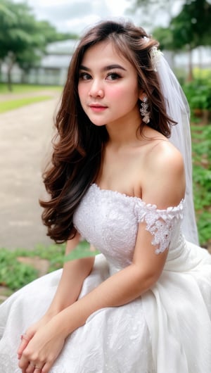 A young girl, long wavy hair, solo, charming detailed face, detailed skin, small size breasts, full body, long white wedding gown, outdoor 