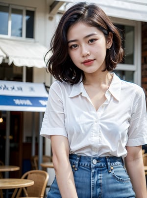 1 girl, short wavy hair, blue jeans, white shirt, standing, in front of a cafe, detailed face, detailed skin, slight smile, mole_under_eye, reduce contrast ,AYUSWANDEWI