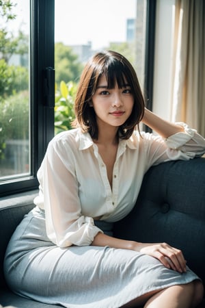 18 years old asian girl , tomboy, thinking about you pose, pretty face, smile, office_lady, long white blouse, long skirt , (straight short hair) , hair bangs,medium chest, slender, bokeh, couch, office situation, detailed skin texture , hairy arm, ray of light , open window, blue sky, mole_under_eye, alternative_hair_style,raisalora