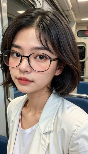 (bokeh), portrait of a smart girl, short wavy hair, upper_body , white jacket, inside train, mole_under_eye,glasses,tsunderie expression,Indonesiadoll