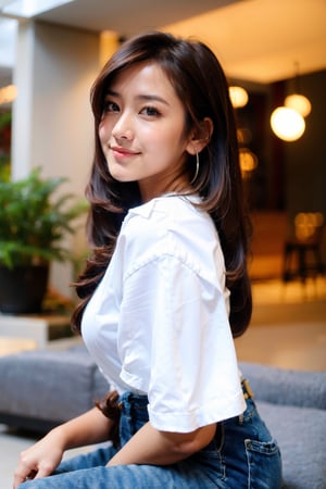 18 years old asian girl , tomboy, girlfriend pose, pretty face, open smile, sitting, sofa, girlfriend, stylish, body facing front,oversized (white) shirt, long jeans, (long brown hair) , hair bangs, hairband, blushing,medium chest, slender, bokeh, large cafe background, white cafe, lighting, detailed skin texture , hairy arm, mole_under_eye, alternative_hair_style, realistic, masterpiece 