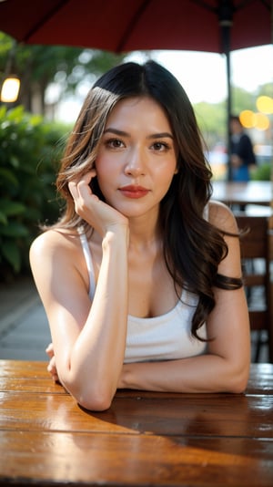 ( raw photo, bokeh), A young girl, outside cafe, sunny, morning, white sleeveless tops, hairy arms ,detailed face, upper_body, shy girlfriend pose,raisalora