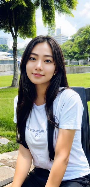 1 girl, high resolution, (long hair), tsundere face style, slight smile, (white oversized t shirt), black long pants , white sneakers, summer outdoor, medium breast, green park background, natural soft light, delicate facial features, beautiful girl, 25 years old, sexy body, film grain, real hands, eye smile,Indonesian, mole_under_eye, arms_at_sides, sitting on bench, realistic,indo_zoom, facing_viewer, perfect body, happy pose,ohwx ami